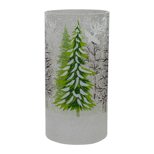8" Hand Painted Christmas Pine Trees Flameless Glass Candle Holder